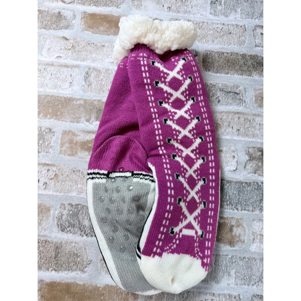 Magenta Purple Sneaker Lace Up Slipper Socks Sherpa Lined Non Slip One Size‎ NEW